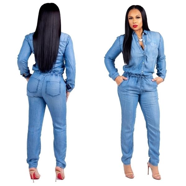 Moda Sonbahar Tulumları Kadın Denim Playsuits Artı Boysular Uzun Kollu Kesme Kot T200509