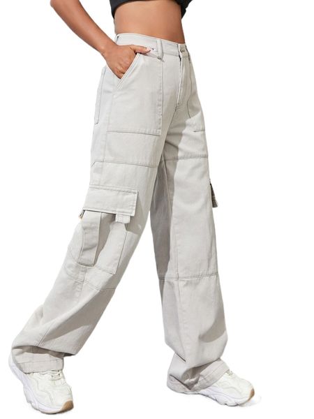 

flap pocket high waist jeans m39h#, Blue