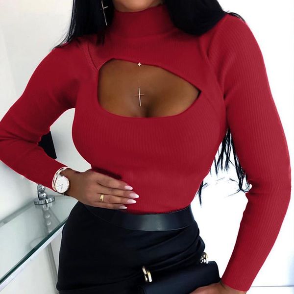 

women's t-shirt bambooboy spring autumn solid color fashion hollow out turtleneck long sleeve fitted club pullover zl1252, White