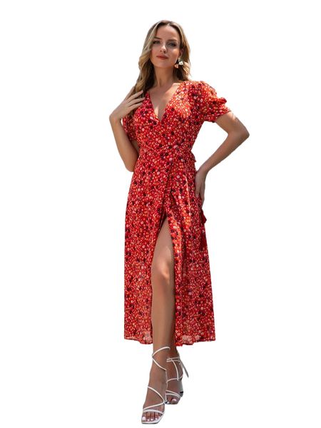 

ditsy floral print puff sleeve tie side wrap dress f8n8#, Black;gray