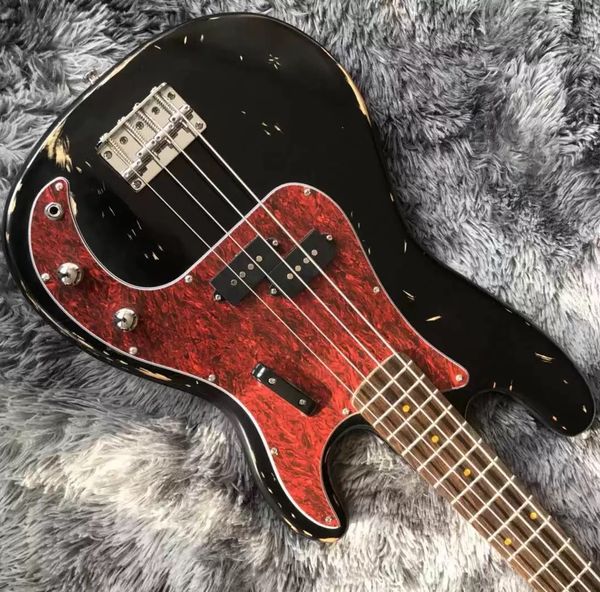 

aged black 4 strings bass electric guitar body alder fingerboard rosewood with red pickguard can customize