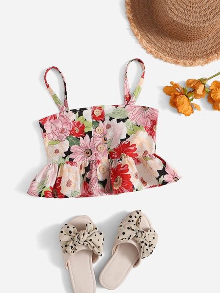 

toddler girls floral print ruffle hem crop cami she, Blue