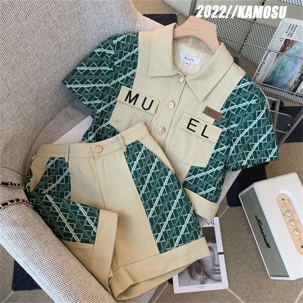 

women shorts two piece set short sleeve turn-down collar shirts high waist shorts retro splicing casual 2 pecs for office 220514, White