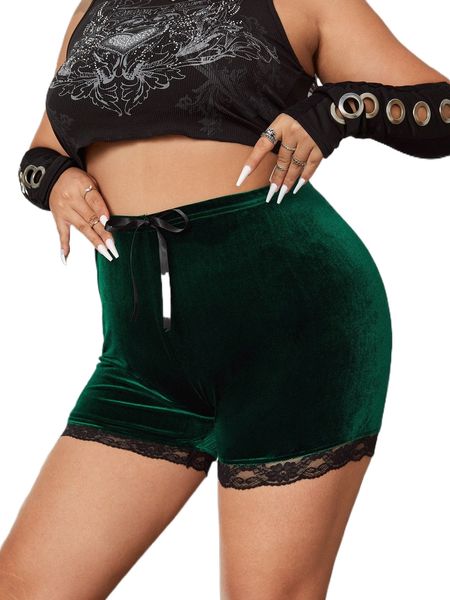 

plus tie front contrast lace velvet shorts k33y#, Black