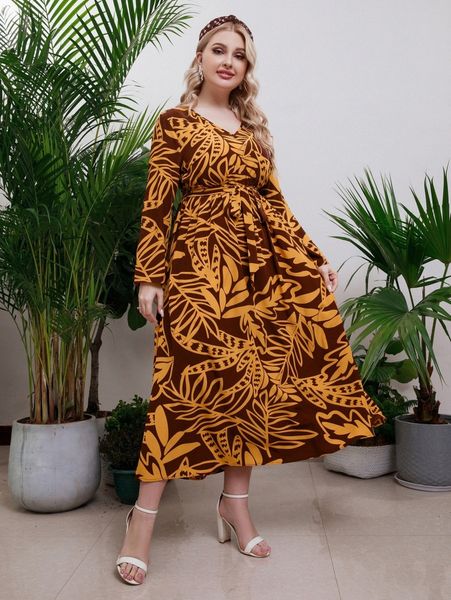 

plus plant print belted dress 40rg#, Black