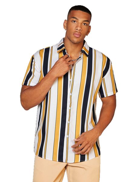 

men random color block & striped print shirt k9lz#, White;black
