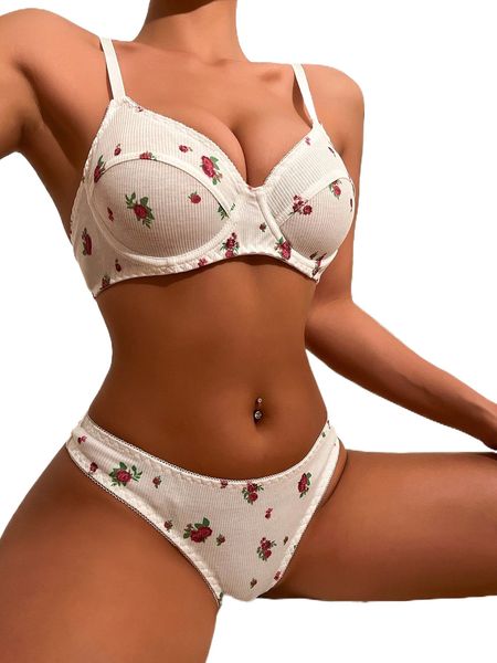

floral print underwire lingerie set u5sa#, Black;red