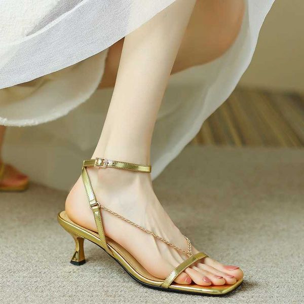

2022 ladies elegant style simple leaky toe thin heel high-heeled sandals summer new chain ankle trip belt fashion women party classic luxury, Black