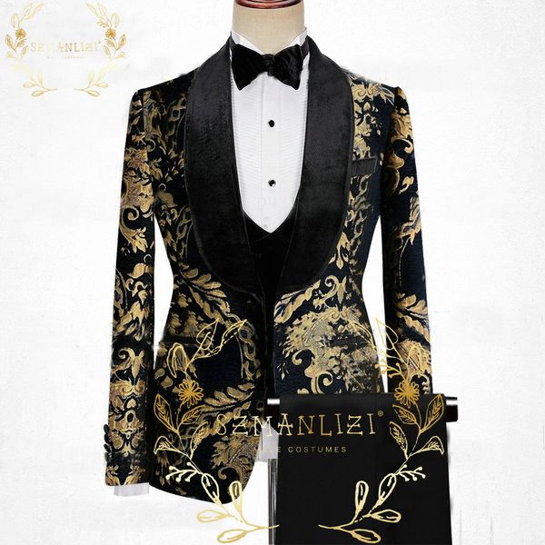 Design de moda Black Floral Jacquard Prom Men Suits 3 Peças Slim Fit Velvet Shawl Lapel Wedding Groom Tuxedos Moment Mody Roupos
