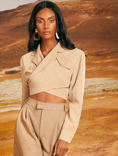 

x penelope ping cross wrap flap detail crop blazer f0a8#, White