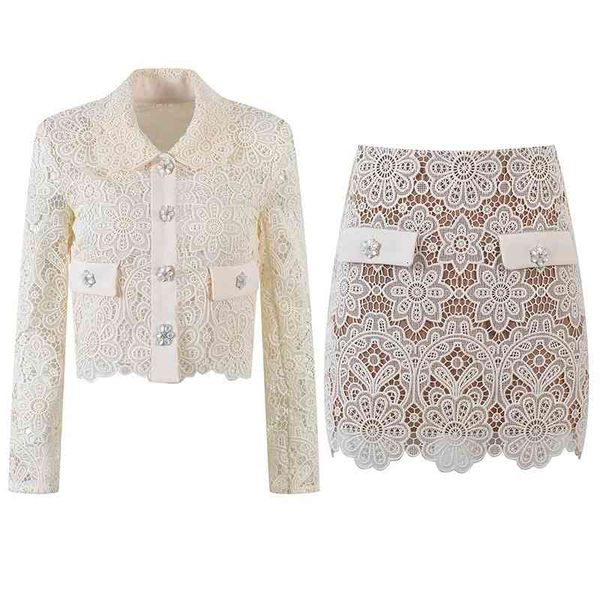

two piece dress early autumn baby collar pearl buckle temperament long sleeved cardigan high waist slim lace hip wrap skirt two-piece set 3p, White