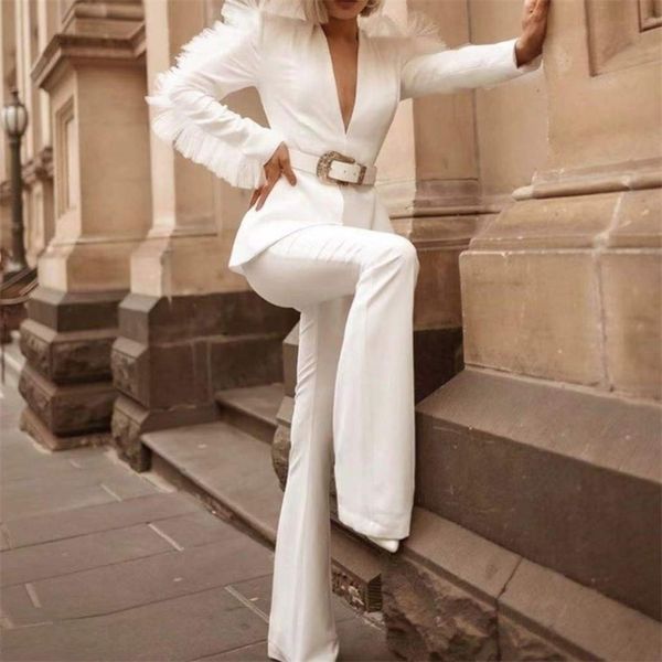 

missord autumn winter deep v long sleeve mesh playsuit solid color elegant blazer and pants elegant jumpsuit ft19773 y200904, Black;white