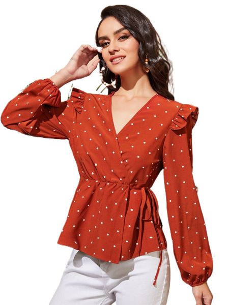 

polka dot print knot side ruffle trim y2rj#, White