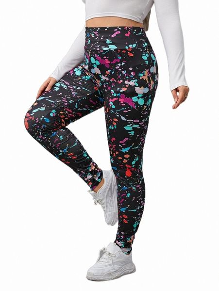 

plus splash ink print leggings 034v#, Black