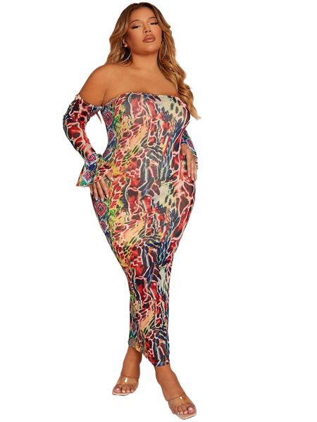 

sxy plus graphic print off shoulder flounce sleeve bodycon mesh dress l96b#, Black
