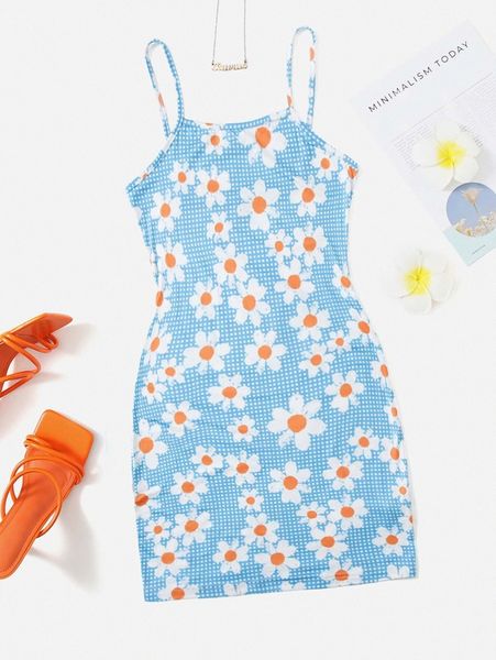 

floral and plaid print slip dress p6w1#, Black;gray