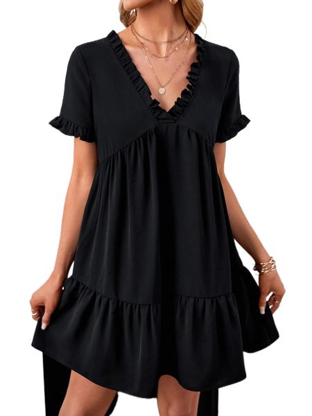 

flounce sleeve ruffle hem smock dress w8hz#, Black;gray