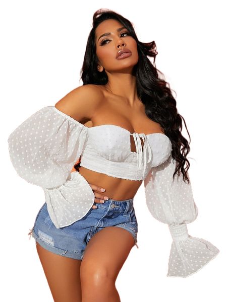 

sxy swiss dot off shoulder flounce cuff knot front bustier crop n6wy#, White