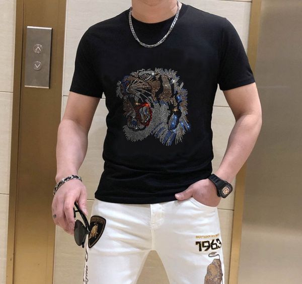 

plus size 2022 drilling men's t-shirts brand short sleeve man fashion streetwear o neck slim tshirts man gifts 003, White;black