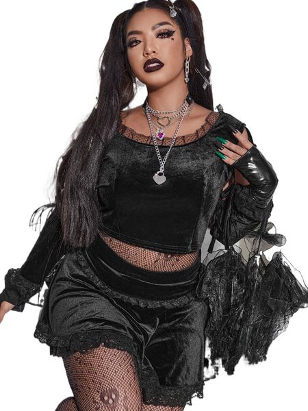 

plus lace trim knot side cold shoulder crop velvet tee f9gz#, Black