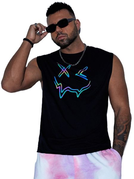 

extended sizes men reflective cartoon face print tank 37fy#, White;black