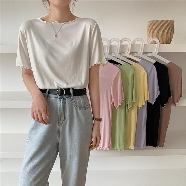 

women 100 cotton sweet ruffles thin t shirts female soft white black tees lady elastic basic for summer camisetas
