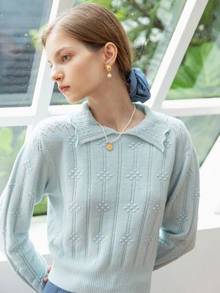 

simple retro solid textured scallop edge collar sweater 052v#, White;black