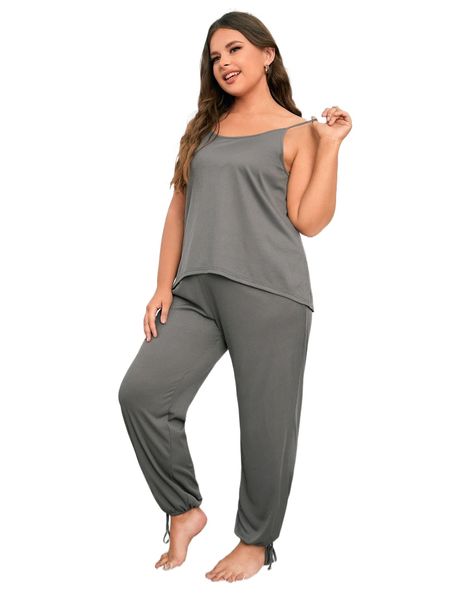 

plus criss cross back knot hem pajama set q0gy#, Black;white