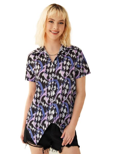 

x catch me outside collared asymmetrical hem allover print blouse f9sy#, White
