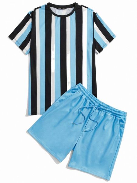 

men striped colorblock & track shorts set 728r#, Gray