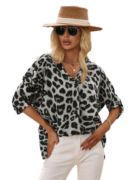 

leopard print roll tab sleeve blouse t7iu#, White