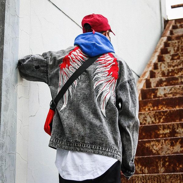 

jackets men brand black hole distressed denim mens high street wing embroidery jeans jacket aa, Black;brown