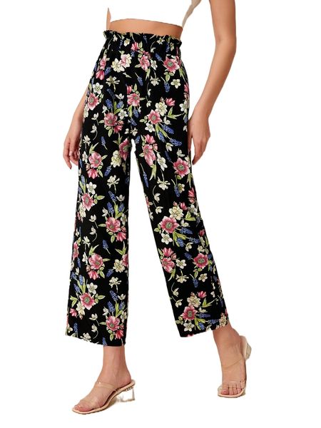 

floral print paperbag waist pants d5oq#, Black;white