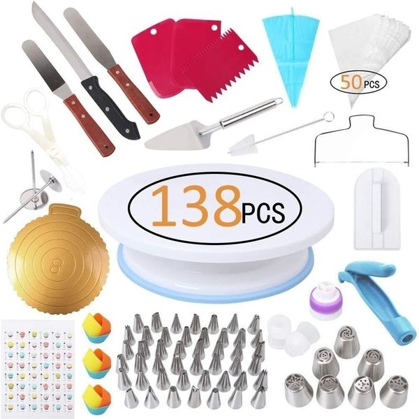 138pcs Pasta Dekorasyon Araçları Kit Buzlanma İpuçları Turntable Pasta Çantaları Kavrama Krem Moza Pişirme Seti Cupcakes Çerezleri Y200612
