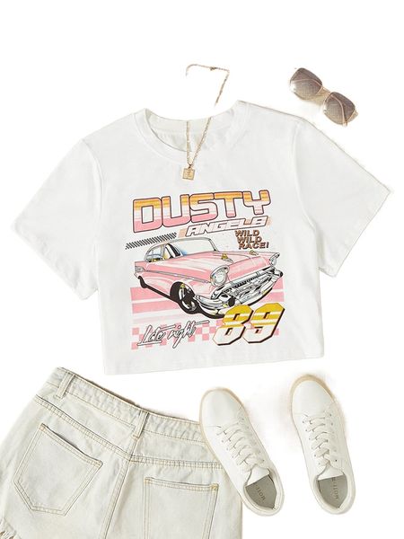 

plus letter & car print tee t0je#, Black