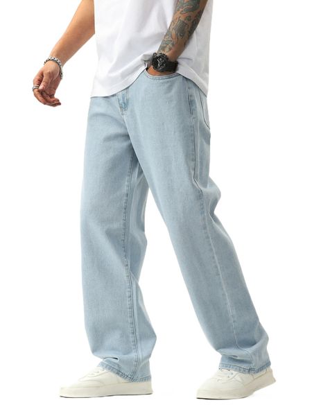 

men washed straight leg jeans j5os#, Blue