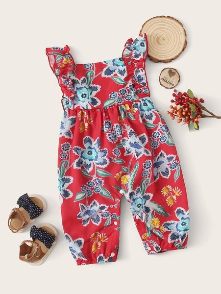 

baby girl's large flower flounced suspender jumpsuit she, Blue
