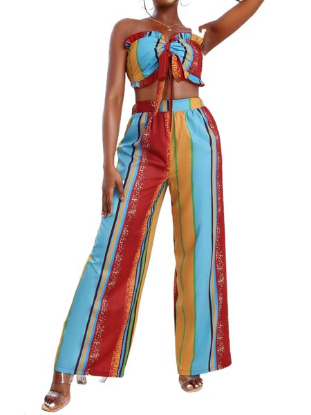

striped colorblock tie front frilled shirred tube & wide leg pants u9lz#, White