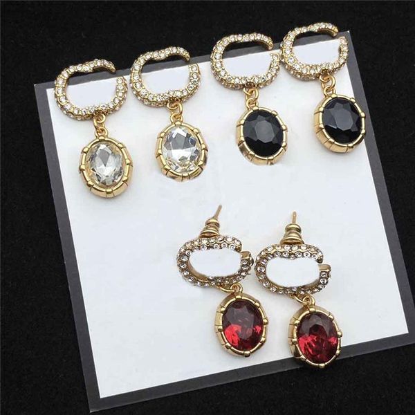 

shiny diamond charm earrings women double letter crystal pendant studs 3 colors rhinestone pendant eardrops with gift box277s, Golden