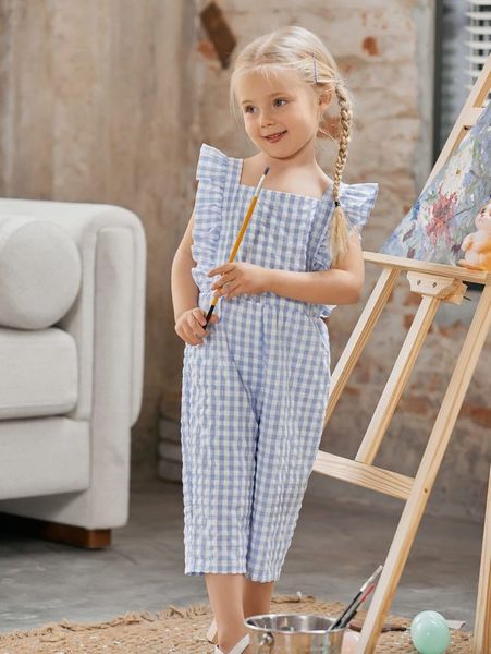 

toddler girls buffalo plaid ruffle trim jumpsuit she, Blue