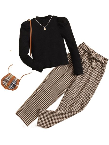 

girls solid puff sleeve tee & houndstooth belted pants set f8bt#, Black;white