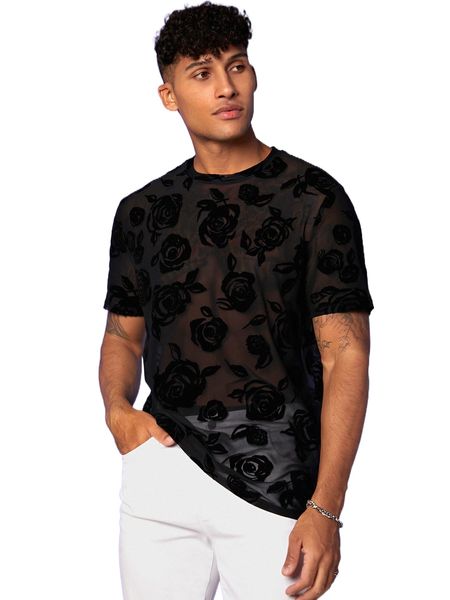 

men floral print sheer tee p95l#, White;black