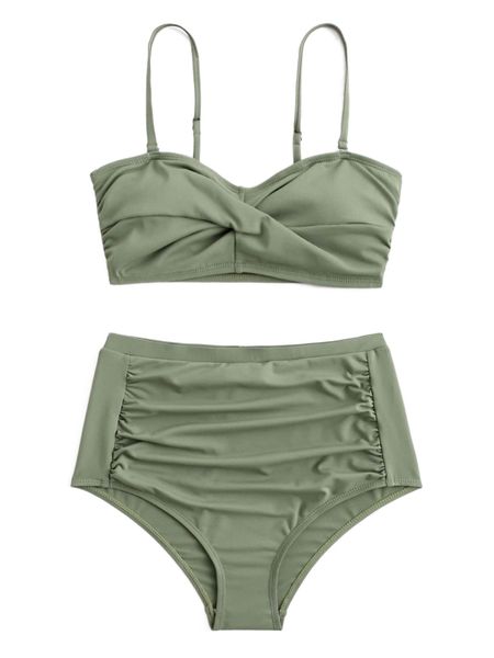 

twist front ruched high waisted bikini swimsuit v7u8#, White;black