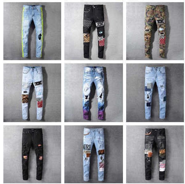 

mens jeans classic hip hop pants stylist jeans distressed ripped biker jean slim fit motorcycle denim jeans hj1, Blue