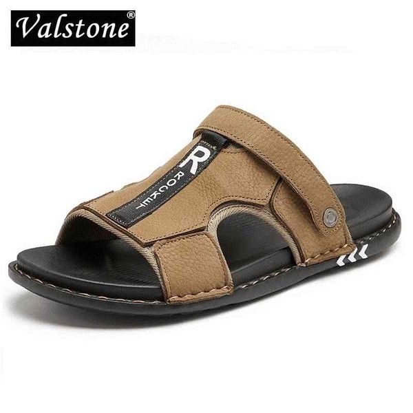 

valstone genuine leather slippers for men summer slides male sandals beach outsides shoes hombre sandalia outside shoes 210402, Black