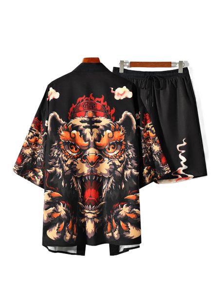 

men animal print open front kimono & shorts without tee p02g#, Gray