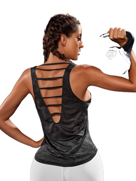 

camo print cut out back sports tank 876k#, Gray