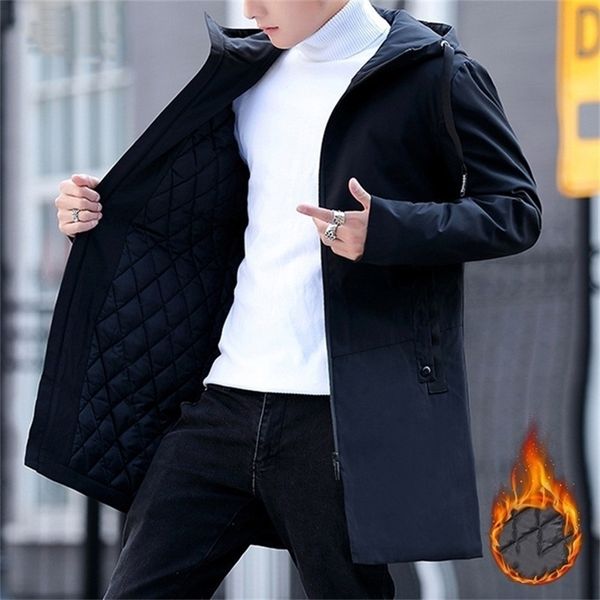 

warm winter long jacket men hooded slim korean parka hombre long jacket coat warm mens windbreaker parkas cotton youth clothing 201201, Black