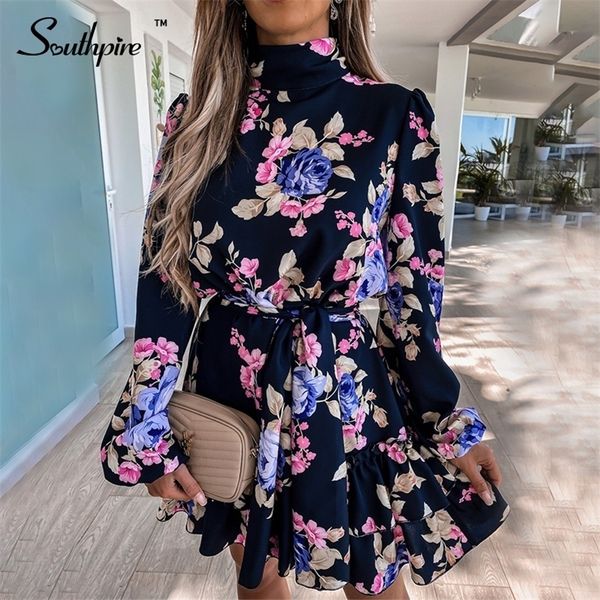 

southpire navy floral print loose style mini dres long sleeve high neck party dress ladies day casual clothes spring 220407, Black;gray