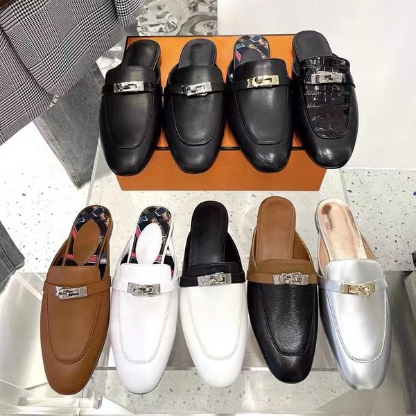 

2023 ess half slippers for women wearing stylish flip-flops leather flat web celebrity muller loafers with no heel designer princetown, Black